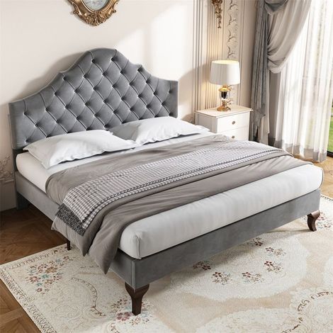 Lit rembourré - 140x200 cm - Tête de lit réglable - Sommier à lattes inclus - Velours gris