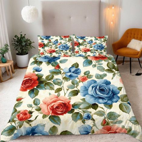 Housse De Couette - Microfibre - Imprimé Roses Bleues Et Rouges - 140x200 Cm - 3 Pièces (1/5)