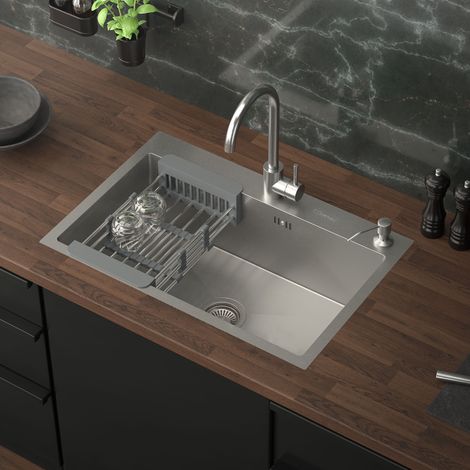 ML-Design Lavello da Cucina 1 Vasca 68 x 45 cm Lavabo da Incasso in Acciaio Inossidabile Antiruggine con Dispenser per Sapone e Cestello Scolapiatti Lavandino con Strato Anti Condensazione (1/5)
