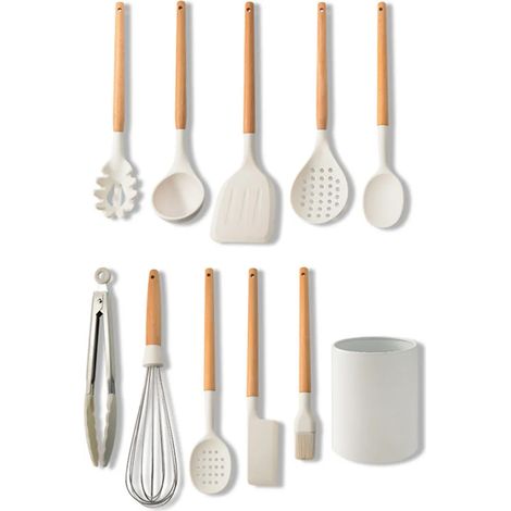 Juego de 10 utensilios de cocina de silicona, utensilios de cocina, menaje, ayudantes de cocina, herramientas para barbacoa, pequeños accesorios de cocina con contenedor de almacenamiento, color blanc (1/5)