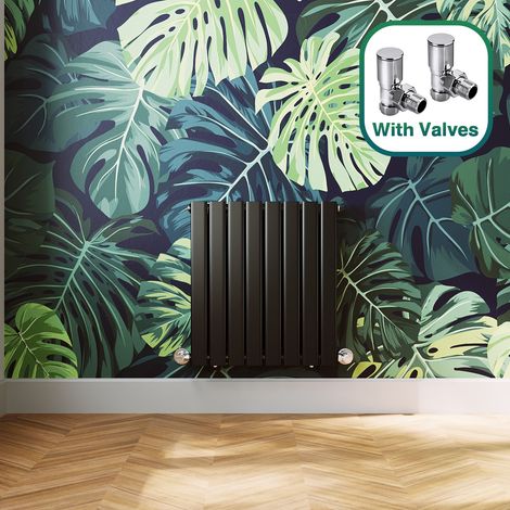 ELEGANT Modern Black Flat Panel Central Heating Radiator 600 x 544mm Horizontal Double Panel Rads + Chrome Angled Radiator Valves (1/5)