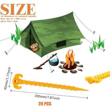 Lot 20 piquets tente plastique 20cm jaunes, fixation sol (1/5)