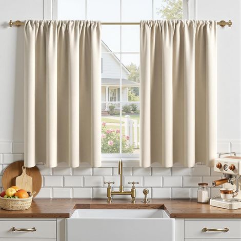Short Thermal Blackout Curtains Beige for Small Kitchen Windows Waterproof Fabric Thermal Insulated Curtain Anti-Cold Curtain Rod Decorative Bedroom Closet 90 (W) x 60 (H) cm, 2 Pieces (1/5)