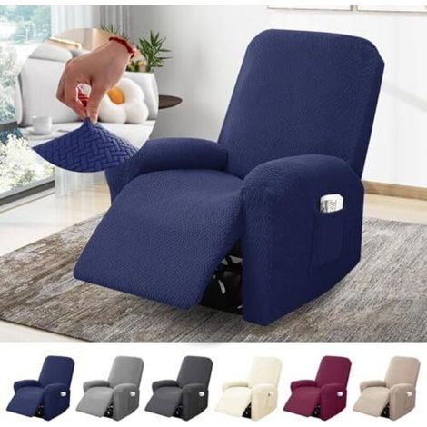 Housse de fauteuil 1 place, housse extensible avec poches, protection intégrale en jacquard rayé pour fauteuils TV et relax (bleu, ensemble de 4 pièces) (1/5)