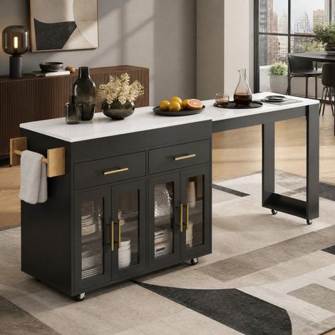 Kücheninsel mit Rollen, ausziehbar, 132,5-217 x 50 x 93 cm, schwarz OKMYHOME (1/5)