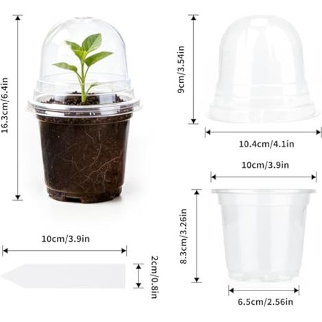 Pot de 10 cm, lot de 32 pots de fleurs en plastique, seau de rempotage avec couvercle transparent et 10 étiquettes pour plantes, seau de plantation transparent (1/4)