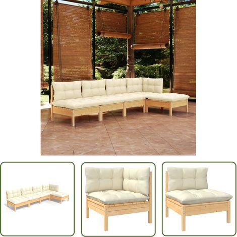 Salon de jardin 5 pcs Ensemble Table et Chaise de Jardin - avec coussins crème Bois de pin BV577922 - BonneVie (1/5)
