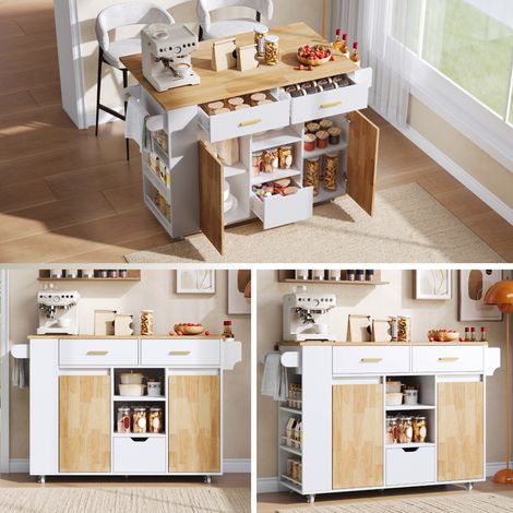 Isla de cocina móvil con encimera plegable, carrito de servicio y unidad de almacenamiento con especiero de 3 niveles, 3 cajones grandes y ruedas con freno, 120 × 45(71) × 90 cm (1/5)