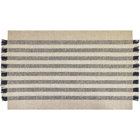 Alfombra de lana blanco crema negro 140 x 200 cm hecho a mano borlas Tacettin