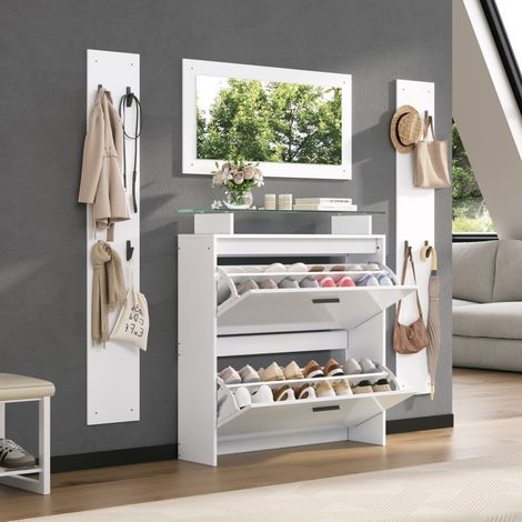 Ensemble de meubles d'entrée 89.5x23x96,5 cm Comprend un miroir, 2 porte-chapeaux et un meuble à chaussures blanc (1/5)
