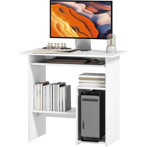 Bureau informatique compact 80 x 45 cm avec tiroir clavier, niche ordinateur et rangements ouverts, blanc, pour home office, en panneau de particules - CHICFURN (1/5)