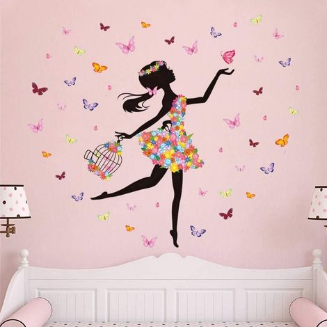 QAZQA Stickers Muraux Fée Fleur Autocollants Mural Fille Papillon Stickers Muraux Cage à Oiseaux Fleur pour Chambre de Bébé Pépinière D'enfant Décoration Murale De La Maison 2pcs (1/5)