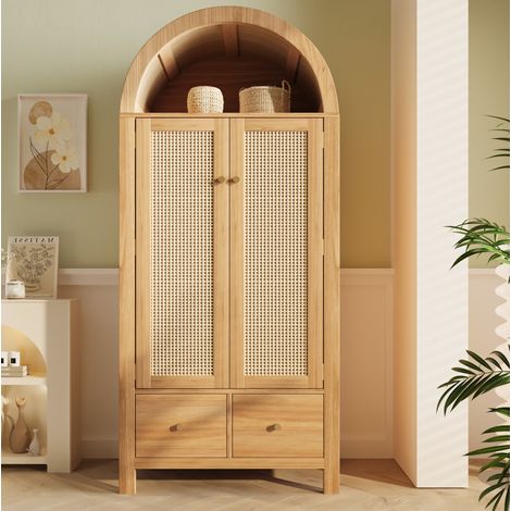 Armario ropero (78x45x181 cm), con arco decorativo, 2 cajones, barra para ropa, MDF y metal, color roble (1/5)