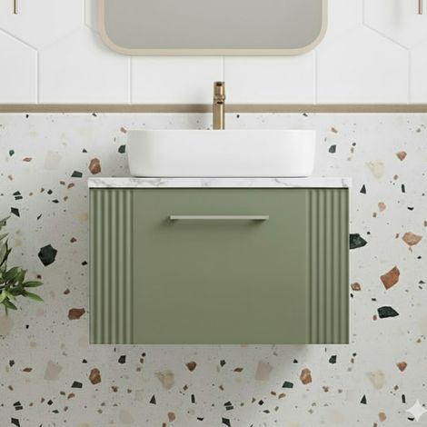 Nuie Deco Wall Hung 1-Drawer Vanity Unit with Carrera Marble Worktop 600mm Wide - Satin Green (1/5)