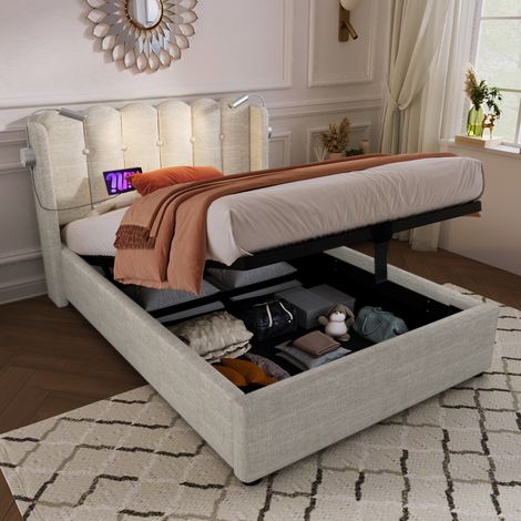 Polsterbett 90x200 mit Stauraum und Lattenrost, Einzelbett aufklappbar mit Leselicht & 2 USB-Anschlüssen, Leinen Natürlich (1/5)