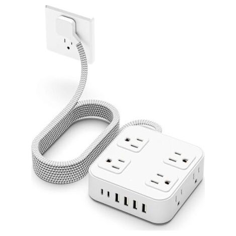 Câble d'extension plat ultra-mince, 1,5 mètre, multiprise mince, avec port USB (1 port USB-C), chargeur mural à connecteur plat avec protection contre les surtensions et 3 prises. (1/5)