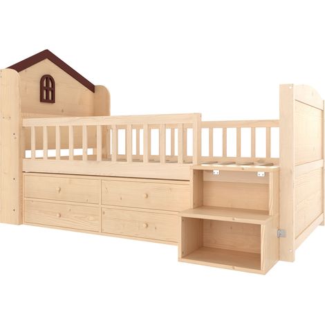 Lit mi-hauteur maison 90 x 200 cm avec 4 tiroirs, LED, échelle de rangement, naturel, MODENUIT (1/5)