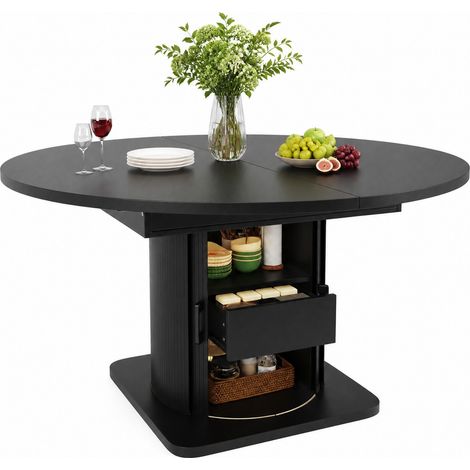 Table à manger extensible avec rangement et 4 chaises, plateau MDF, structure métal, pour 4 à 6 personnes, noire, style moderne, gain de place - CHICFURN (1/5)