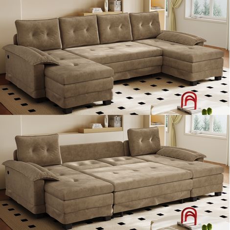 Sofá cama en U de 4 plazas con cama nido, USB y cojines desmontables, 278 cm, caqui DESVIAE (1/5)
