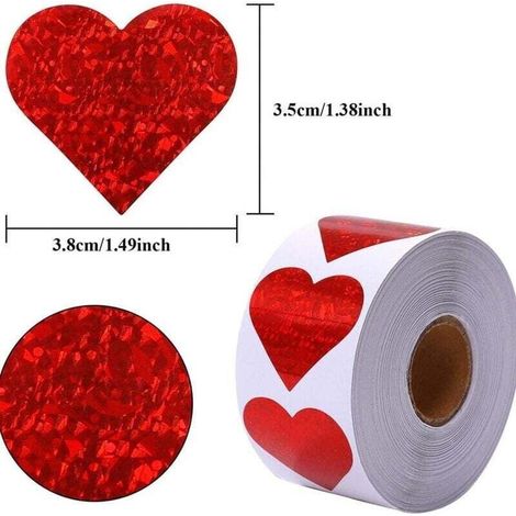 Glitzernde Herzaufkleber. Rote Herzaufkleberrolle. Herzetiketten für Geburtstage und Hochzeiten (500 Stück/Rolle) (1/3)