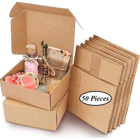 50 x Gift Boxes Gift Bags, Cardboard Gift Boxes, Kraft Candy Boxes, 7.5 x 7.5 x 3 cm, Brown Kraft Paper Gift Box with Lids for Birthdays, Weddings, Christmas (1/5)