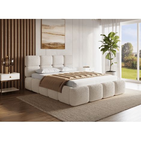 Deco In Paris – Lit coffre en tissu bouclette beige 140x190 cm – Grand coffre de rangement – Tête de lit capitonnée – Design moderne et cosy