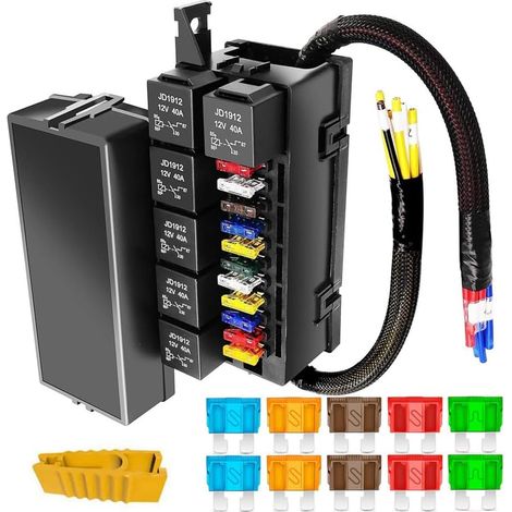 Boîte de Relais à Fusibles 12V avec 6 Relais et Fusibles à lame ATC/ATO 11voies, Fusible pré-câblé et Boîte de Relais Bloc de boîte à Fusibles de Relais 12V pour Bateau marin Automobile (1/5)