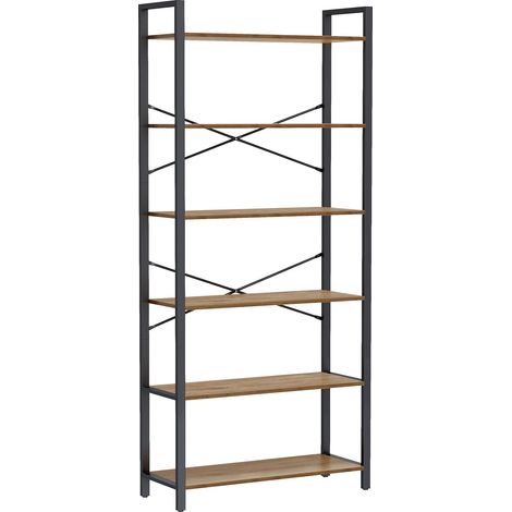 Étagère 6 Niveaux, Bibliothèque, Meuble de Rangement, pour Bureau, Salon, Chambre, 30 x 80 x 186 cm, Style Industriel, Marron Blé et Noir d'Encre LLS082B48 (1/5)