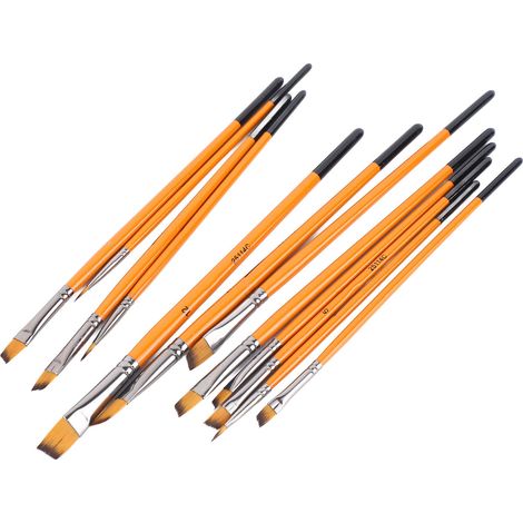 Lot de 12 pinceaux acryliques à poils lisses en nylon, manche en bois, anneau métallique, pinceaux multifonctionnels pour artistes, manche orange, pointe biseautée, adaptés aux arts et loisirs créatif