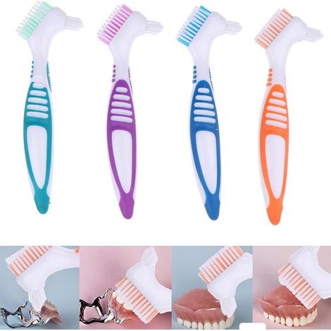 Brosse de nettoyage pour dentier, lot de 4, avec poils multicouches et manche ergonomique en caoutchouc - Brosse portable double-face pour prothèses dentaires (1/4)