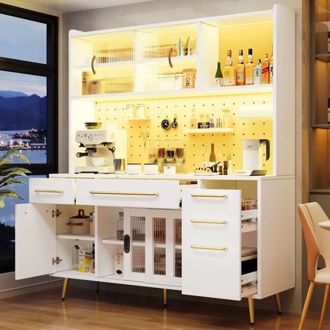 ELVMI Aparador Alto de Cocina con 2 Cajones, 1 Puerta Corredera, Panel Perforado y LED, en MDF y Vidrio, 145×39×171 cm, Blanco (1/5)