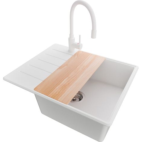 PRIMAGRAN Evier Cuisine en Granit 62x50cm, Lavabo 1 bac + Robinet 38x14cm + Kit de Vidage + Accessoire, Évier à Encastrer au meuble 50cm - Copenhague, Blanc (1/5)