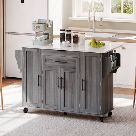 Îlot de cuisine mobile 120×45 cm avec plan extensible, tiroir à couverts, étagères réglables et porte-serviettes (1/5)