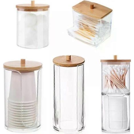 HONORNIC - Boîte de rangement en acrylique pour salle de bain, pot de maquillage, organisateur de maquillage, porte-disques de coton, boîte à cotons-tiges avec couvercle en bambou. (1/4)