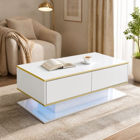 Tavolino LED 100 x 50 x 40 cm, finitura alta lucentezza, 3 cassetti, bianco e oro HAVRYA (1/5)