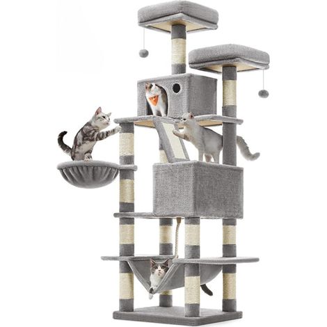 ACAZA Arbre à Chat - Arbre à Chat pour Grands Chats - Hauteur 168 cm - Gris Clair (1/5)