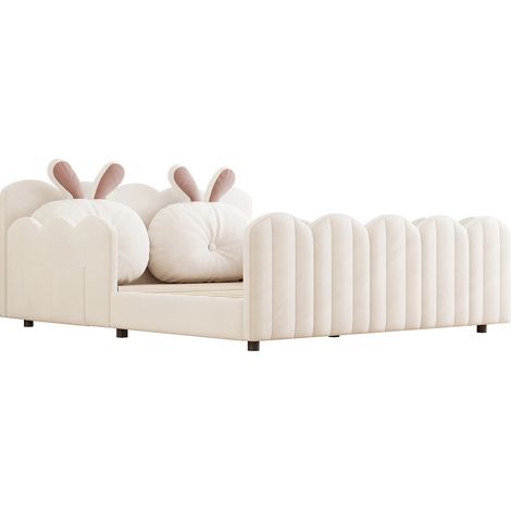Letto a piattaforma imbottito 140x200 beige con cuscino a forma di coniglio (1/5)