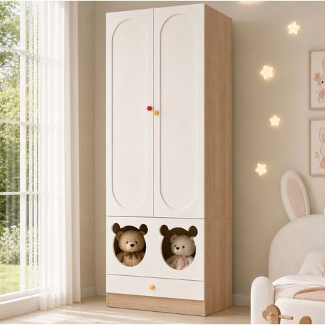 Armario infantil de 2 puertas, 80 x 50 x 200 cm, con barra y cajones, blanco y madera DESVIAE (1/5)
