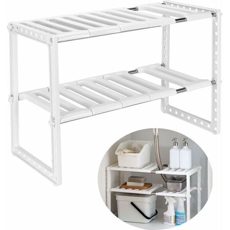 Ausziehbarer Ablagekorb für unter die Spüle, geeignet für Küche, Bad, Schlafzimmer, Wohnzimmer, verstellbare Länge 38-70 cm, Tragkraft 14 kg (Weiß)