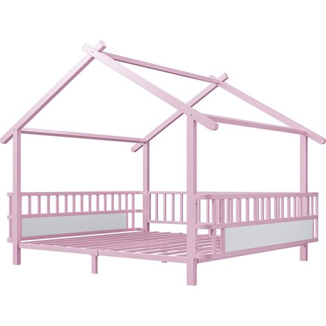 Cama infantil de metal con forma de casa 140 x 200 cm rosa con barandillas de seguridad (1/5)