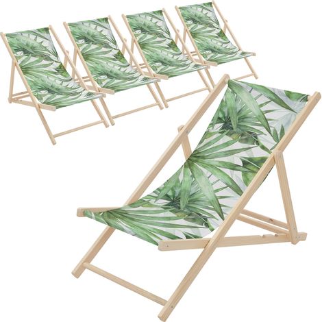 ECD Germany 5x Sedia a Sdraio Pieghevole in Legno con Tessuto Traspirante Palma Verde-Bianco, Schienale Reclinabile in 3 Posizioni, Lettino Relax con Portata 120 kg per Spiaggia, Giardino e Terrazza