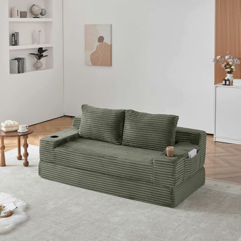 Canapé‑lit 2‑en‑1 en velours côtelé – 2 coussins décoratifs – Porte‑gobelets intégrés – Poches de rangement latérales – Idéal pour salon et chambre – 180x85 cm – Vert (1/5)