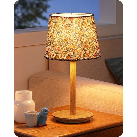 EDISHINE Lampe de Chevet avec Socle en Bois Massif, Abat-jour en Tissu Floral Vintage, 2700K Blanc Chaud, Lampe de Table LED avec Douille E27 pour Chambre et Salon, incl. Ampoule LED 4W (1/5)