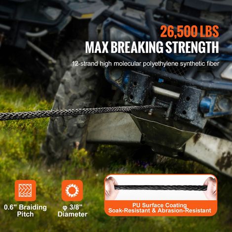 Câble treuil synthétique 9.5 mm x 25.91 m, 12020 kg, gaine protection + crochet mouton forgé + lanière, pour SUV 4x4 poids lourd camion (1/5)