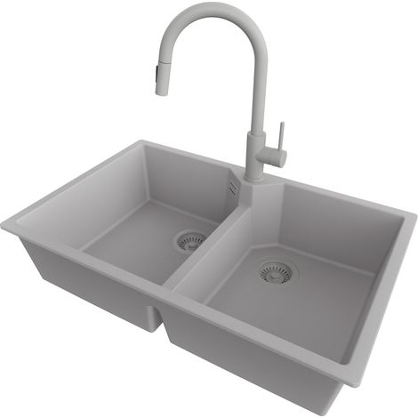 PRIMAGRAN Evier Cuisine en Granit 78x50cm,Lavabo 2 bacs + Robinet 40x20cm + Kit de Vidage, Évier à Encastrer au meuble 80cm - Madrid Twin, Gris (1/5)