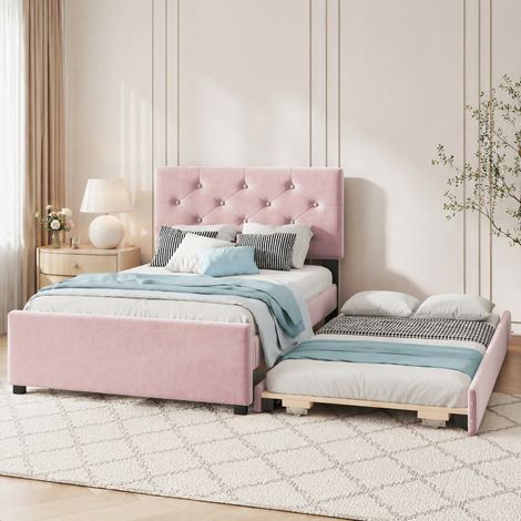Lit 90x200 avec lit gigogne en velours rose HAVRYA (1/5)