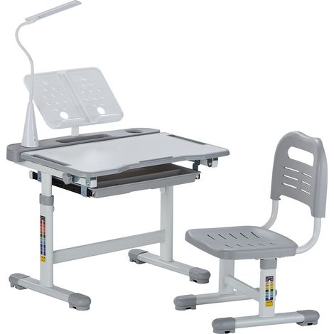 Ensemble chaise et bureau pour enfants avec lampe de table, table et chaise d'étude, hauteur réglable et inclinés de 0 à 40°, pour lecture, apprentissage, pour chambre et salle d'étude, gris (1/5)