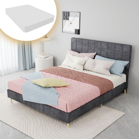 Letto moderno in tessuto grigio scuro con testiera in borsa morbida a quadri di lusso leggero, camera da letto principale di piccole dimensioni, seconda camera, letto matrimoniale, dimensioni materass (1/5)