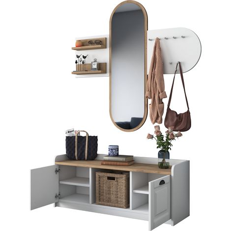 Mueble de Entrada Crespino, Espejo Incluido, 5 Estantes, Perchero, 120x40x45h cm Blanco