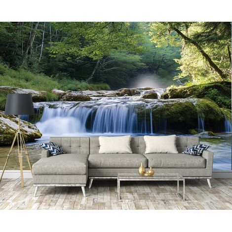 Vlies Fototapete Wasserfall 300x210 cm, Tapeten, für Wohn und Schlafzimmer, Vliestapete Wandtapete Tapete 3D Effekt- inkl. Kleister - Natur Landschaft Wald, WallArena (1/4)